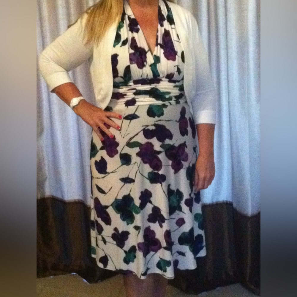 Evan Picone White Maxi Dress with Purple & Green Floral Print
